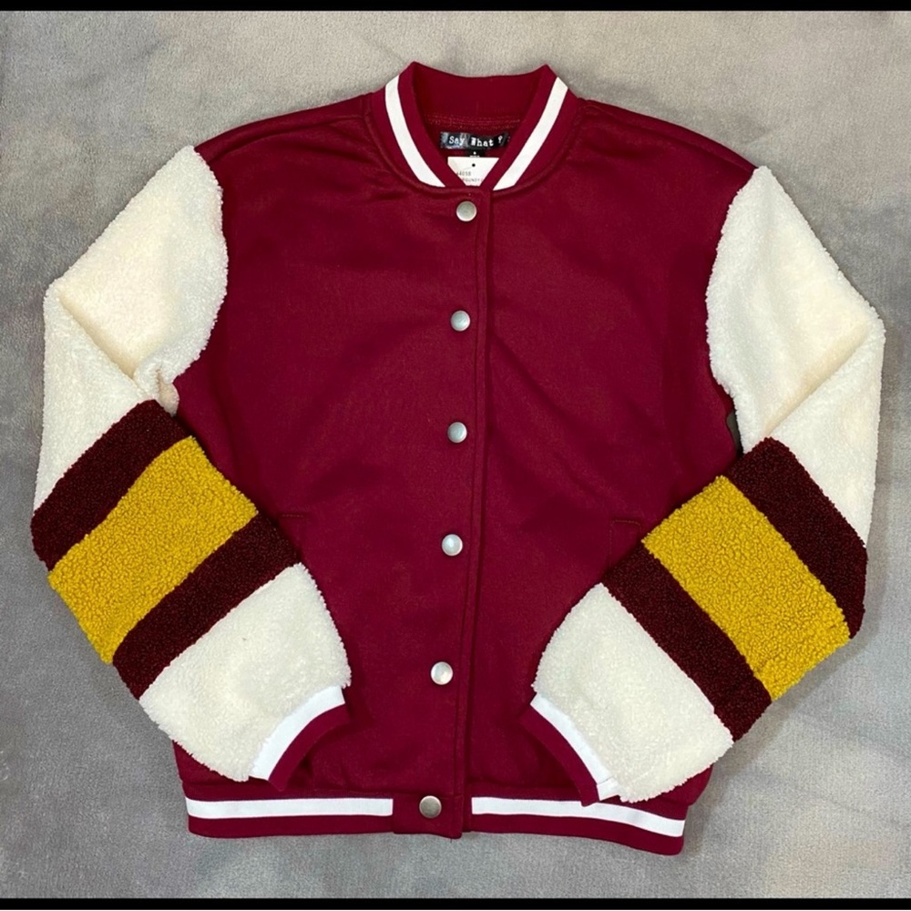 NWT- Burgundy & White Varsity Jacket with Sherpa Sleeves Yellow Stripes